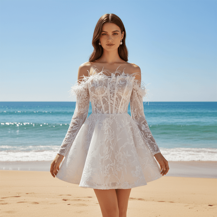Boho Off-Shoulder Mini Wedding Dress with Feather Trim - Rosymae