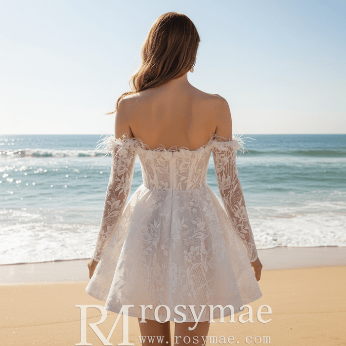 Boho Off-Shoulder Mini Wedding Dress with Feather Trim - Rosymae