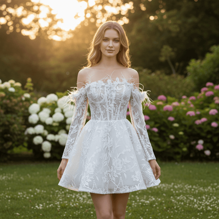 Boho Off-Shoulder Mini Wedding Dress with Feather Trim - Rosymae
