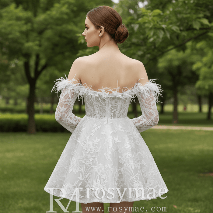 Boho Off-Shoulder Mini Wedding Dress with Feather Trim - Rosymae