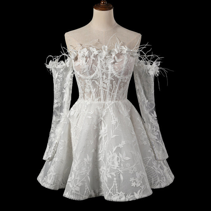 Boho Off-Shoulder Mini Wedding Dress with Feather Trim - Rosymae