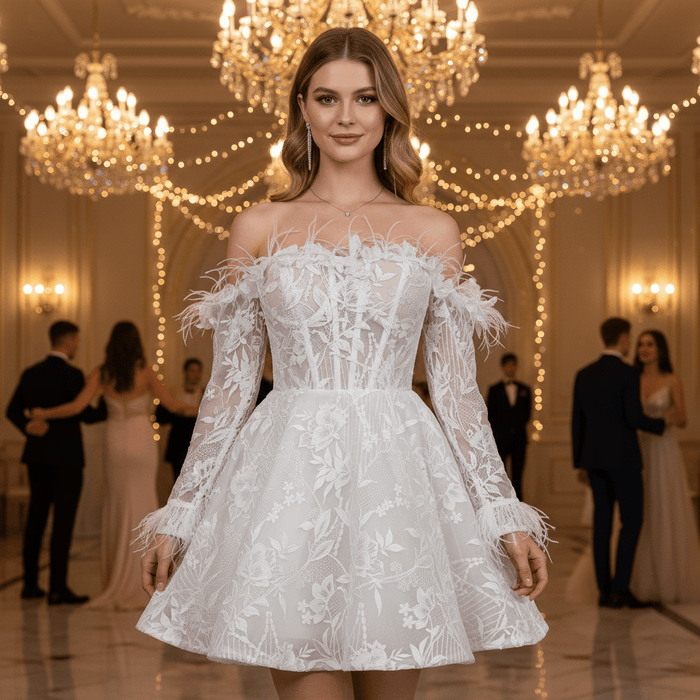 Boho Off-Shoulder Mini Wedding Dress with Feather Trim - Rosymae
