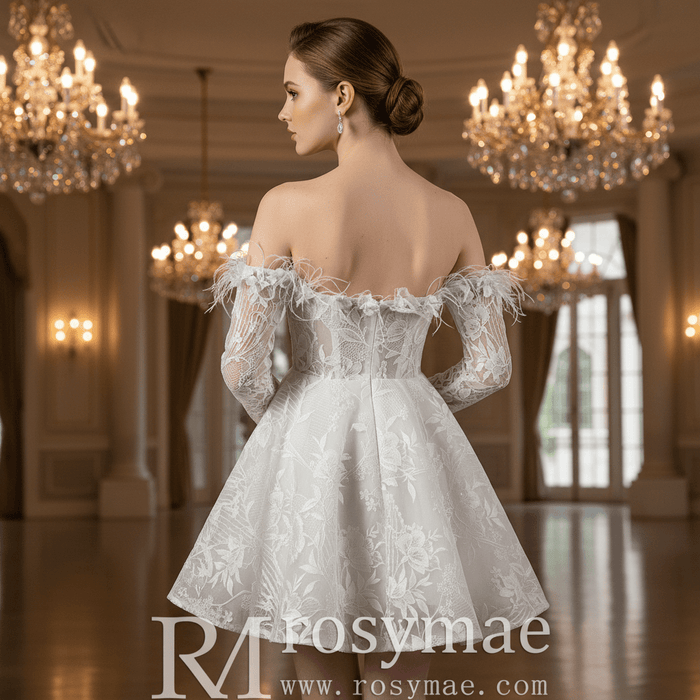 Boho Off-Shoulder Mini Wedding Dress with Feather Trim - Rosymae