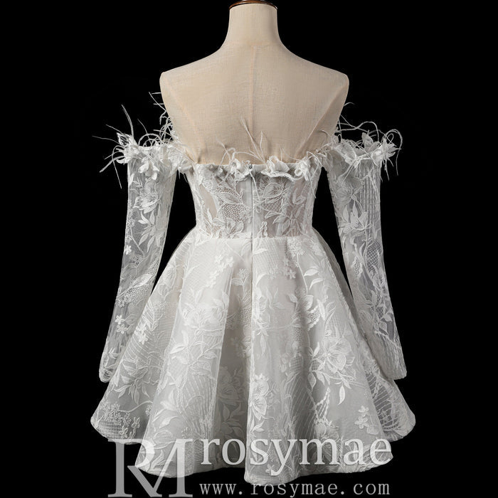 Boho Off-Shoulder Mini Wedding Dress with Feather Trim - Rosymae