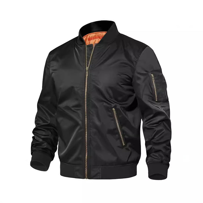 Rugged Men's Baseball Jacket Wine Red – Action Pose in Autumn Leaves