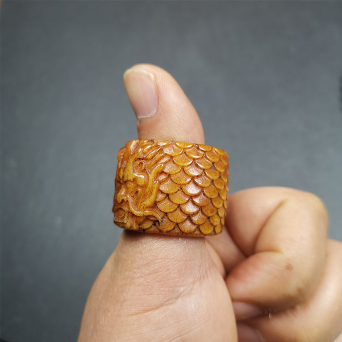 Bone Thumb Ring for Men 0.87" - Tibetan Buddhist art, detailed view