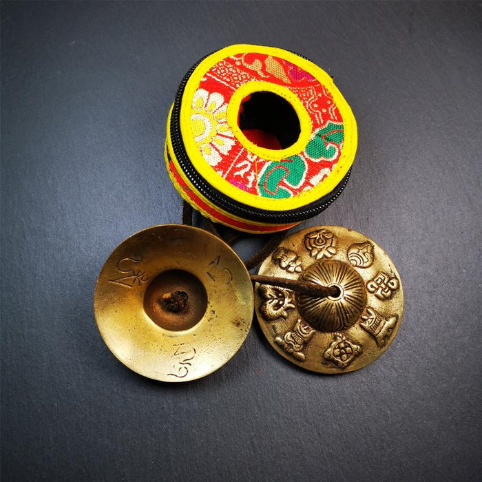 Brass Tingsha Set - Astamangal - 2.9" - Tibetan Buddhist art, view 4