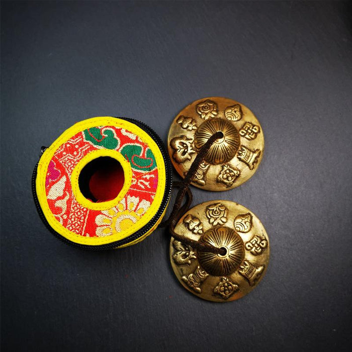 Brass Tingsha Set - Astamangal - 2.9" - Tibetan Buddhist art, view 5