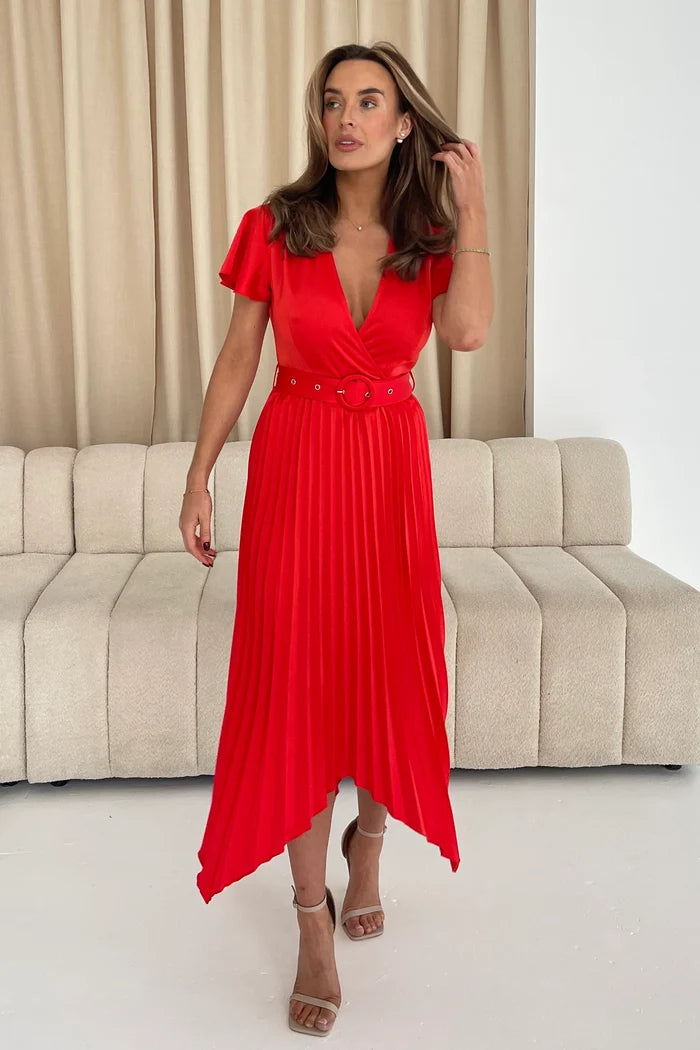 Brooklyn Asymmetric Pleated Midi Dress (Red)