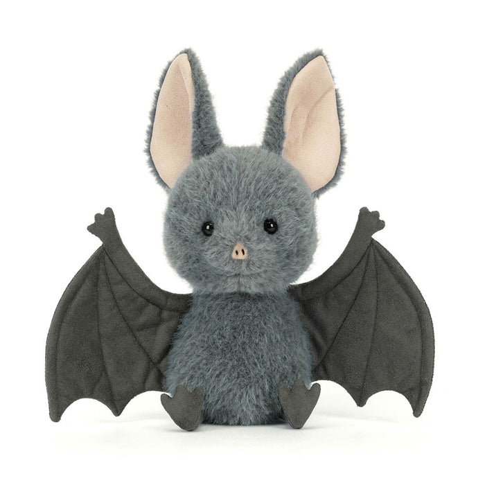 Front view of the Jellycat Broox Bat plush toy on a white background, showing the full body with wings fully spread, large cream-lined ears, black eyes, pink nose, and small dark feet
