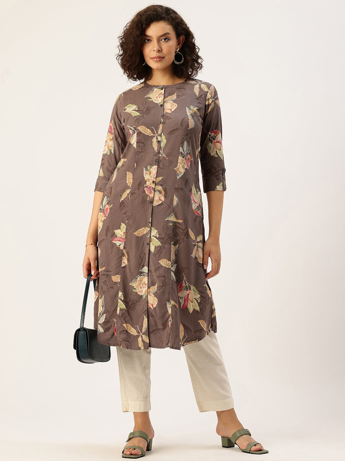 Woman wearing a floral-patterned brown kurta with white pants on a light background, Brown Floral Printed Kurta, Princess Cur Kurta, A-Line Kurta, Floral Print, Mandarin Collar kurta, printed kurta