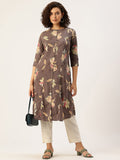 Woman wearing a floral-patterned brown kurta with white pants on a light background, Brown Floral Printed Kurta, Princess Cur Kurta, A-Line Kurta, Floral Print, Mandarin Collar kurta, printed kurta