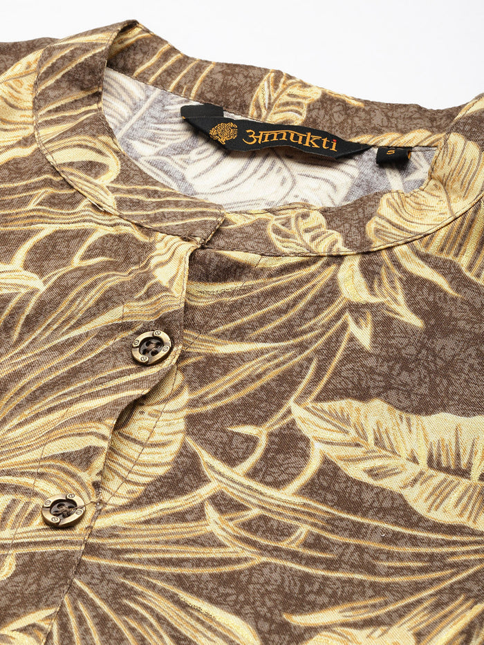 Brown Floral Printed Kurta, Princess Cur Kurta, A-Line Kurta, Floral Print, Mandarin Collar kurta, printed kurta