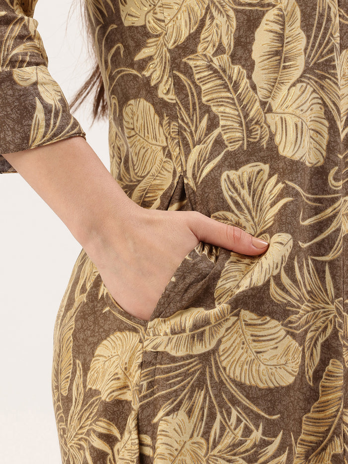 Brown Floral Printed Kurta, Princess Cur Kurta, A-Line Kurta, Floral Print, Mandarin Collar kurta, printed kurta