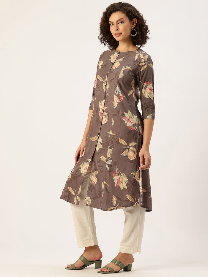 Woman wearing a floral-patterned brown kurta with white pants on a light background, Brown Floral Printed Kurta, Princess Cur Kurta, A-Line Kurta, Floral Print, Mandarin Collar kurta, printed kurta