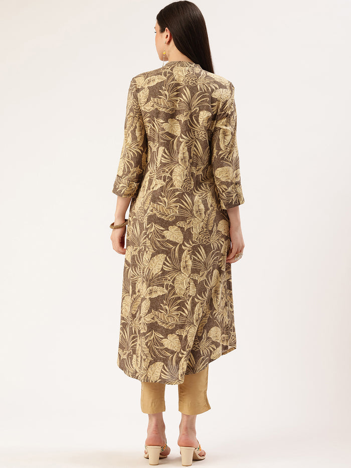Brown Floral Printed Kurta, Princess Cur Kurta, A-Line Kurta, Floral Print, Mandarin Collar kurta, printed kurta