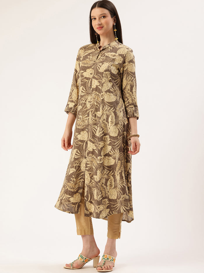 Brown Floral Printed Kurta, Princess Cur Kurta, A-Line Kurta, Floral Print, Mandarin Collar kurta, printed kurta
