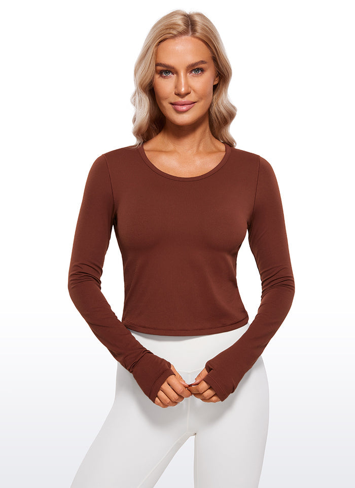 CRZ YOGA Women's Run Train Slim Fit Tops Brushed Long Sleeves Cropped Jujube Brown