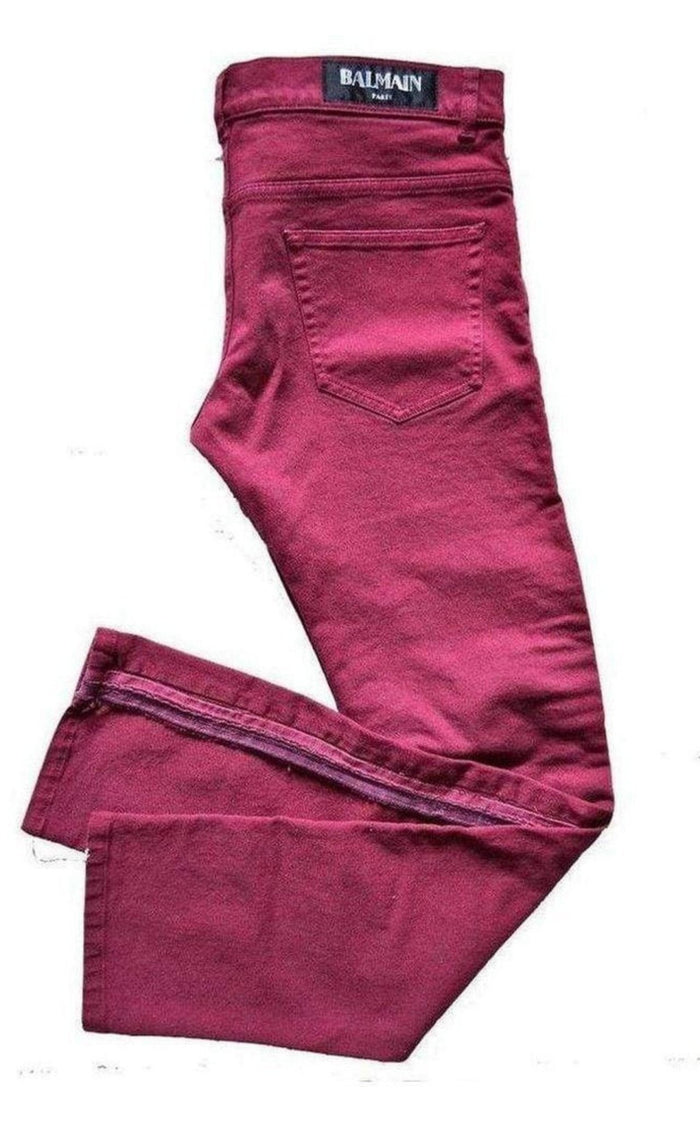 Balmain Balmain Burgundy Embroidered Trimming Slim Stretch Jeans - Runway Catalog