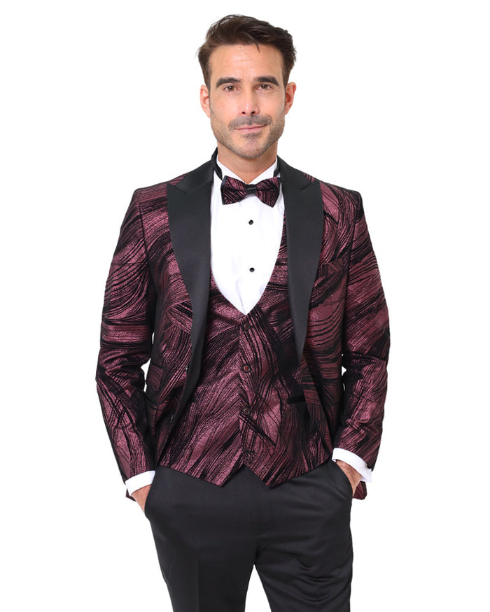Burgundy Fashion Men's 4 Piece Textured Suit-Makrom