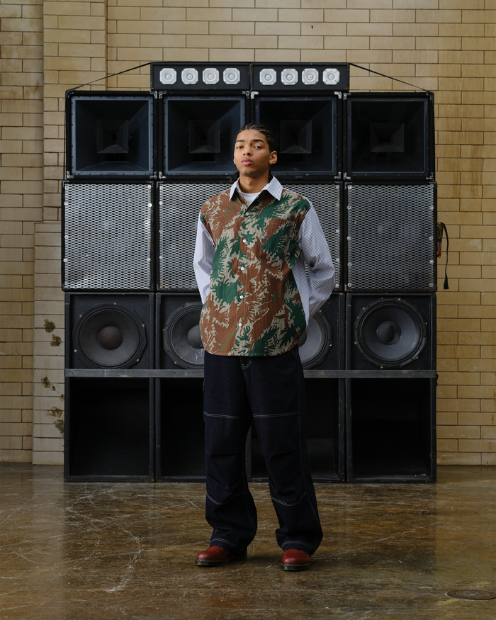 Burst Camo Half Print Poplin Stripe Shirt