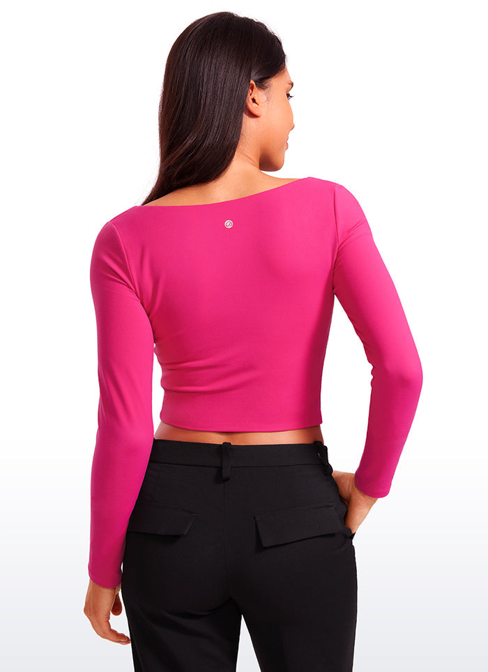 CRZ YOGA Women's Tight Fit Butterluxe Yoga Crop Long Sleeves Square Neck Magenta Purple