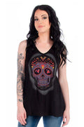 Calavera Lace Black: Features:

Embellished sugar skull tank with crisscross lace back
LENGTH - 26 1/2 inches (small)
