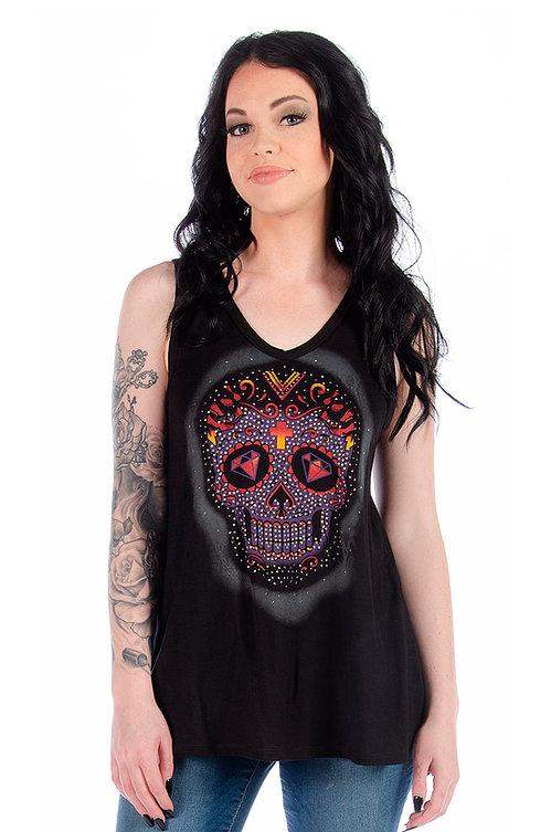 Calavera Lace Black: Features:

Embellished sugar skull tank with crisscross lace back
LENGTH - 26 1/2 inches (small)