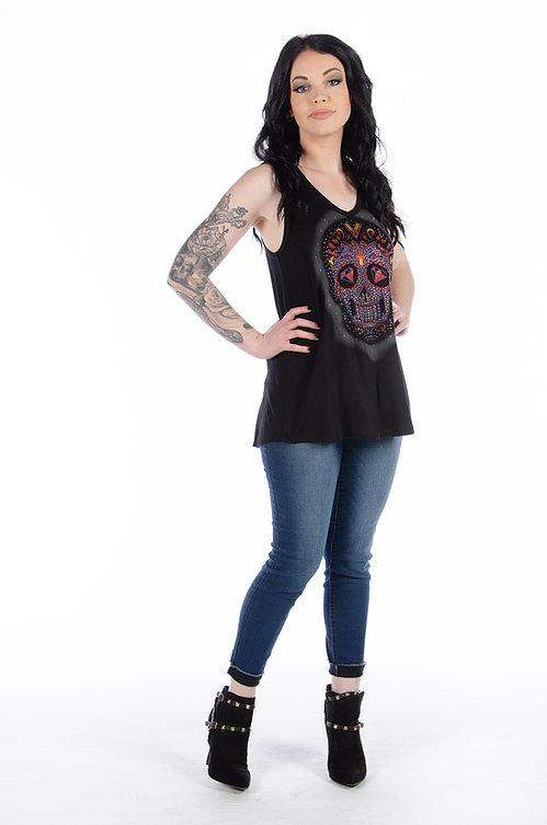 Calavera Lace Black: Features:

Embellished sugar skull tank with crisscross lace back
LENGTH - 26 1/2 inches (small)