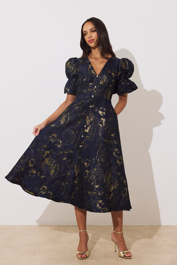 Callie Metallic Midi Dress (Midnight Blue/Gold)