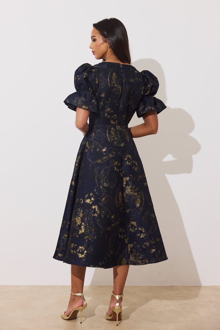 Callie Metallic Midi Dress (Midnight Blue/Gold)