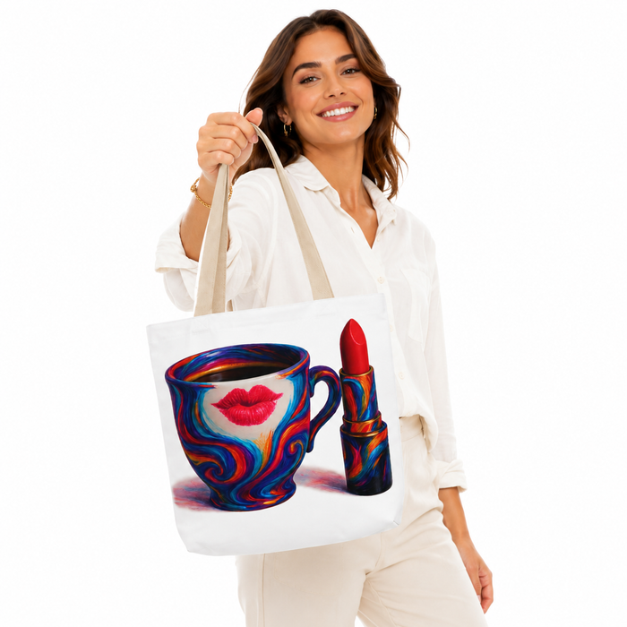 Canvas shopping tote bag flat lay showing printed surface and structured carry shape