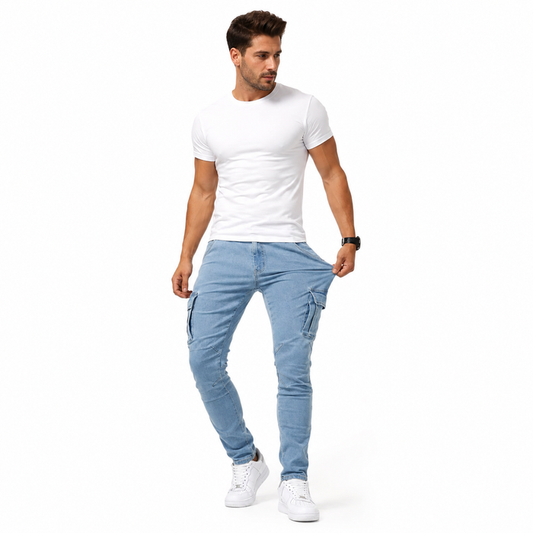 Cargo pants for men in Ice Blue stretch denim shown with utility pockets and slim leg styling in a clear product view online.
