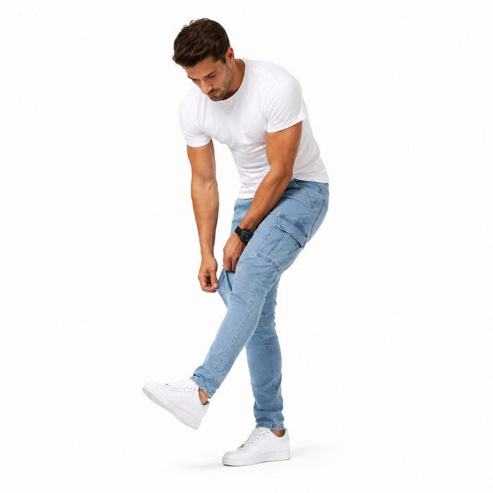 Ice Blue denim cargo pants shown on an adult model in one product view highlighting the slim leg and utility styling details.