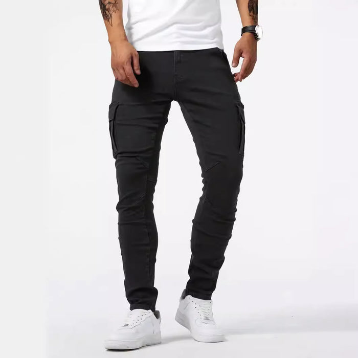 Jet Black cargo pants shown on an adult model with a full-length image of slim leg and stretch denim utility styling details.