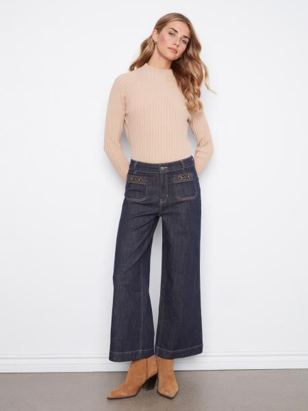 Charlie B Cropped Wide Leg Stretch Denim Pants in Deep Blue
