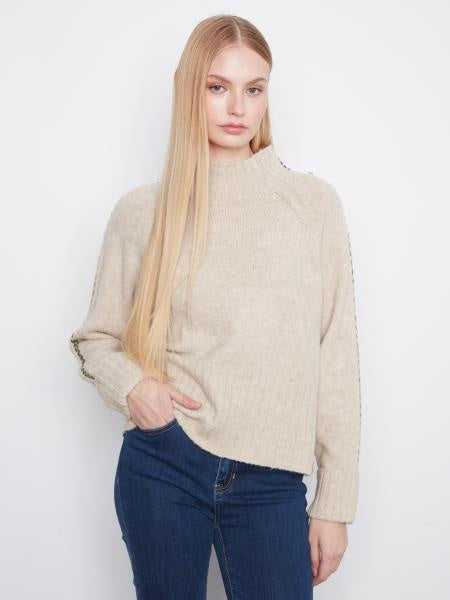 Charlie B Long Raglan Sleeve Mock Neck Top in Heather Oat