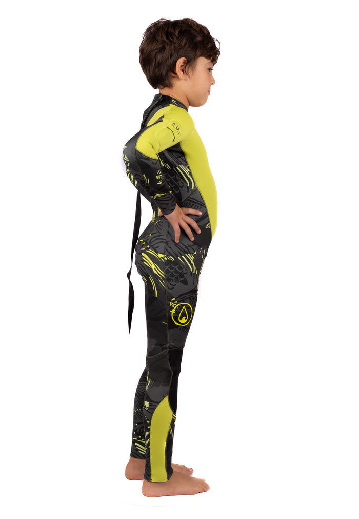 Child wearing the Waihana Children's Lime Fishbone Steamer full-length wetsuit in black and lime yellow graphic print, shown in a side-profile studio pose.