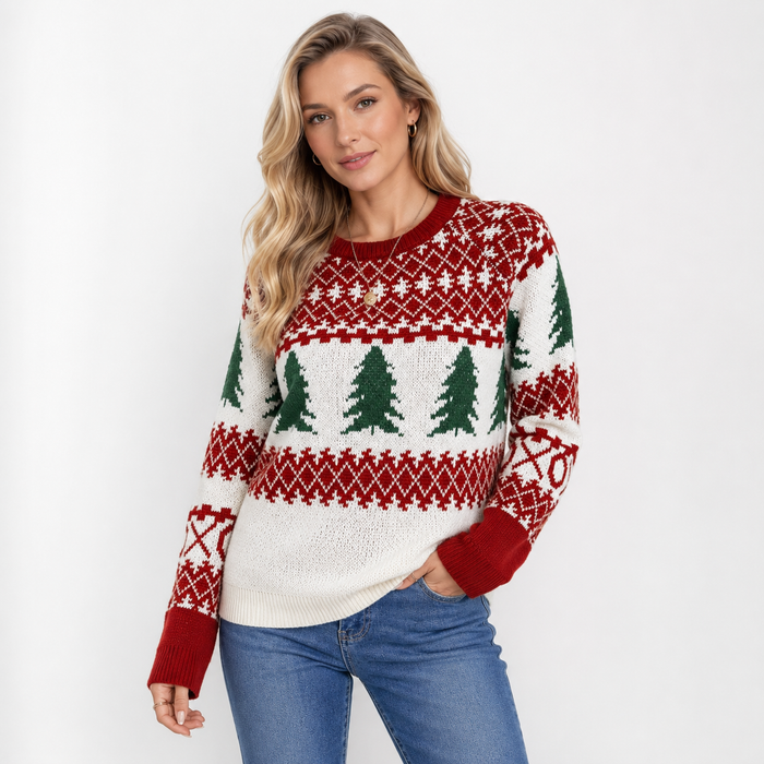 Women's Christmas tree sweater with round neck, festive pattern, ribbed details and a slightly stretchy fit for holiday wear.
