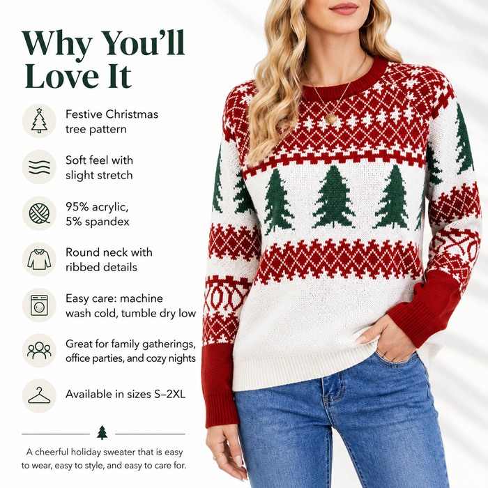 Women's festive Christmas tree sweater with a round neck design with ribbed details, and slight stretch for seasonal outfits.
