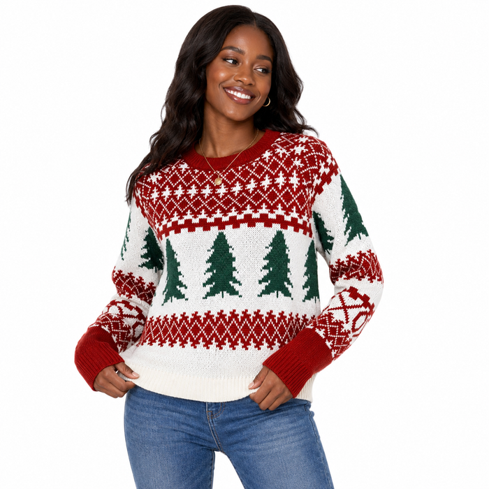 Christmas tree pattern sweater for women, with ribbed accents, round neck, and flexible comfort for casual holiday occasions.