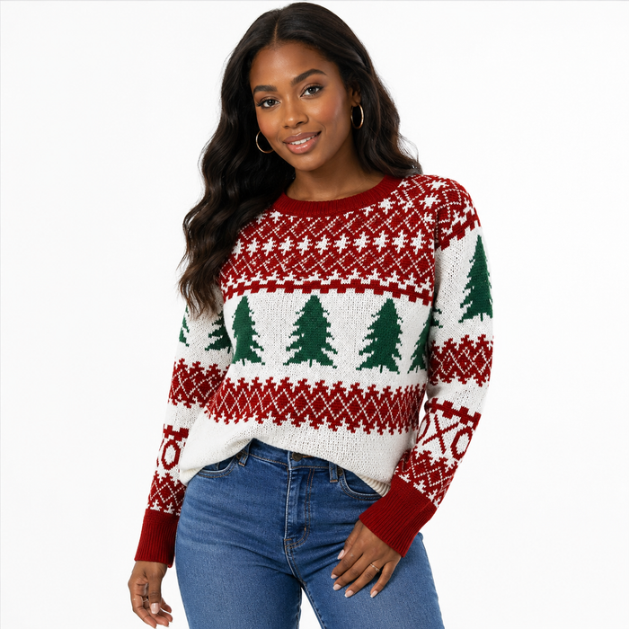 Women's holiday sweater with Christmas tree pattern, round neckline, and ribbed details for office parties and cozy evenings.