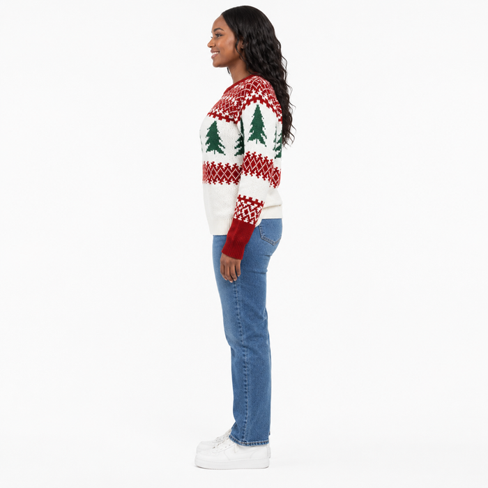 Women's Christmas knit sweater featuring a tree pattern, round neck and ribbed finish for easy seasonal outfit styling ideas.