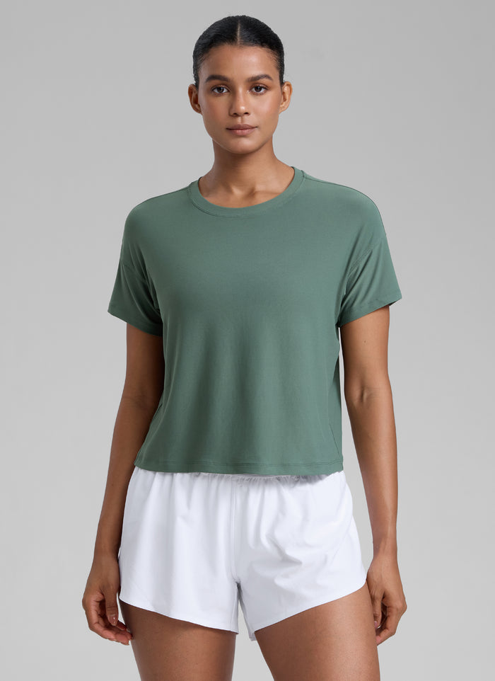 CRZ YOGA Women Cloudweight High Crew Neck Lightweight Loose Short Sleeve Graphite Green