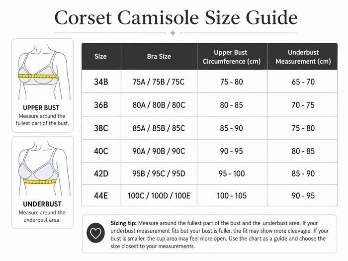 A sizing guide chart titled 'Corset Camisole Size Guide' with illustrated torso diagrams showing upper bust and underbust measurements, plus a size table listing bra sizes and measurements from 34B to 44E.