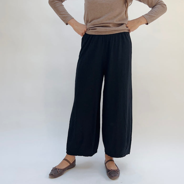 A person standing against a white background, wearing black cropped pants with darts at the hemline, a beige top, and dark shoes.