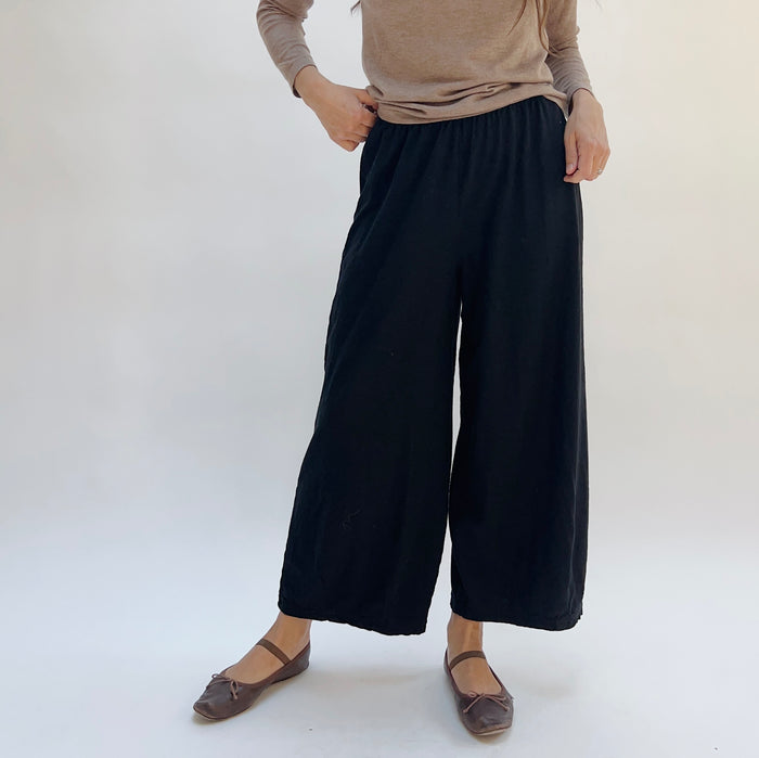 A person standing against a white background, wearing black cropped pants with darts at the hemline, a beige top, and dark shoes.