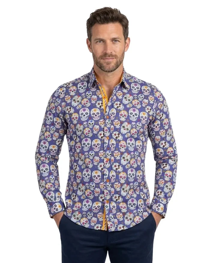Dark Blue day of the dead Skull Print Shirt with Matching Handkerchief-Makrom