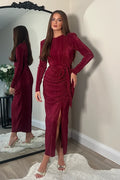 Elena Long Sleeve Ruched Seamed Midi Dress (Wine)