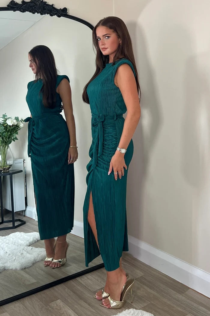 Elena Ruched Seamed Midi Dress (Teal)